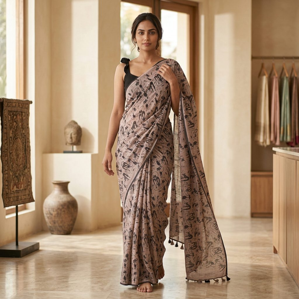 DN-126 Beige Printed Linen Cotton Saree