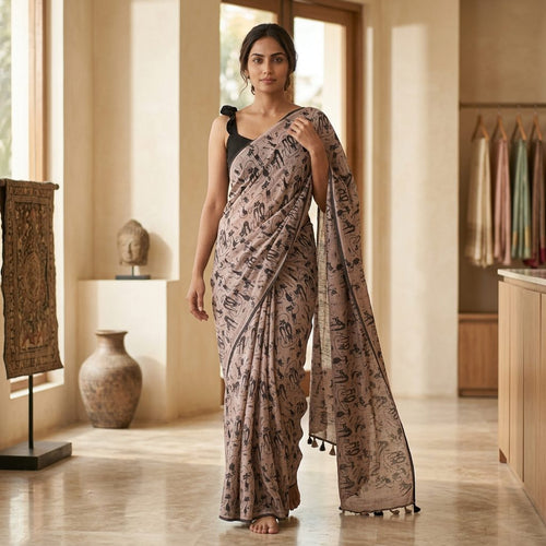 DN-126 Beige Printed Linen Cotton Saree