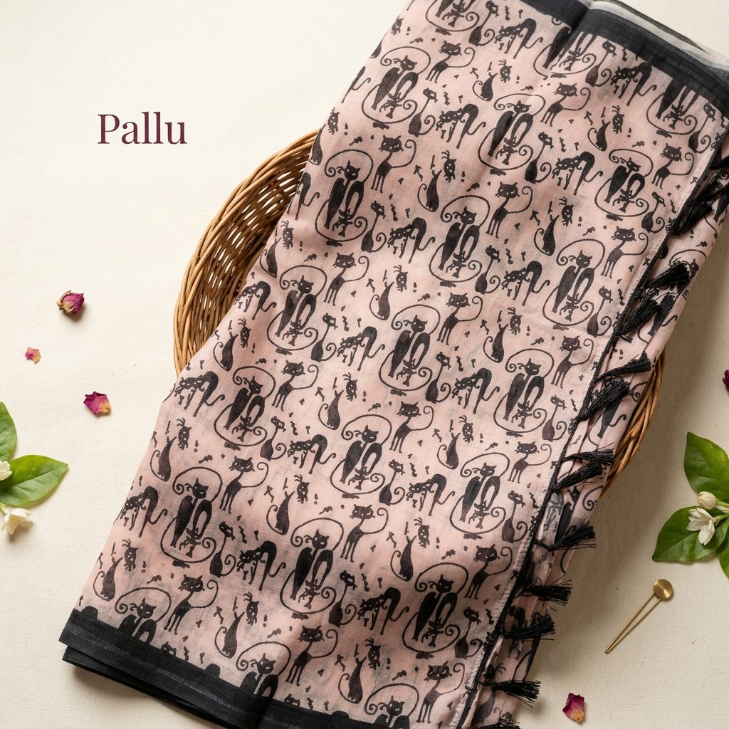 DN-126 Beige Printed Linen Cotton Saree