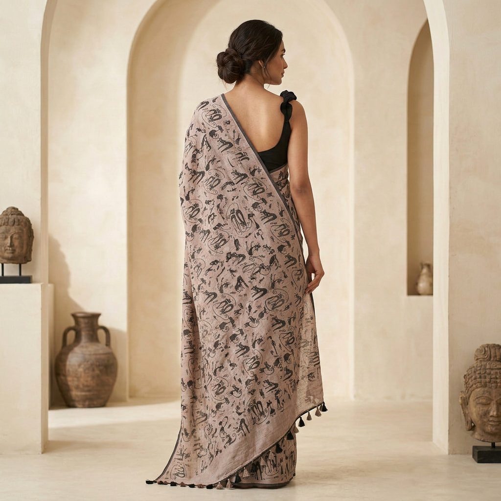 DN-126 Beige Printed Linen Cotton Saree