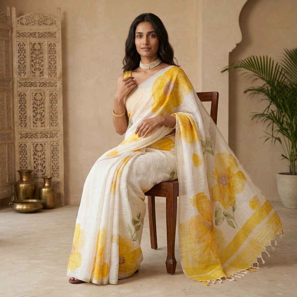 Linen Cotton Floral Saree