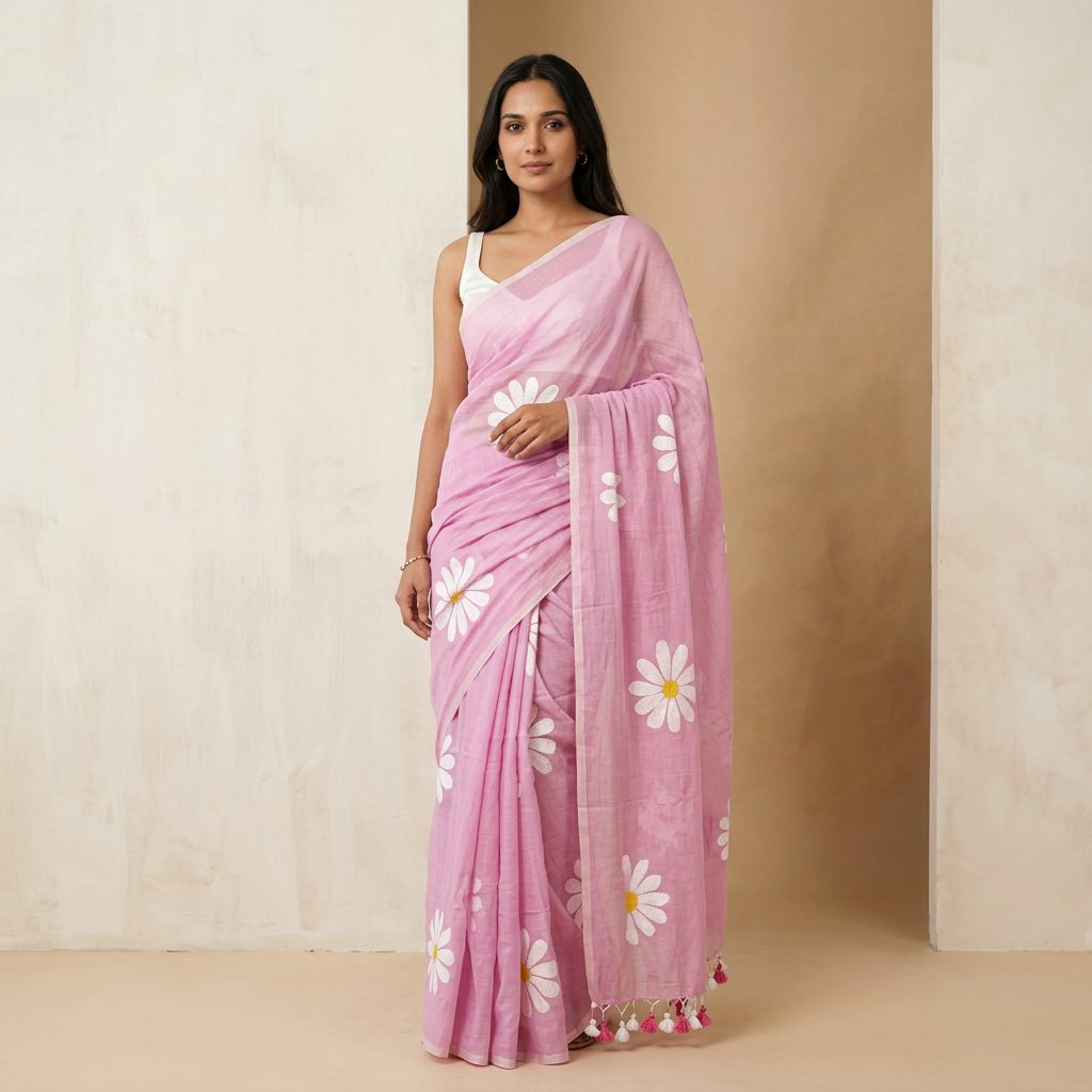 Pink Daisy Linen Cotton Saree