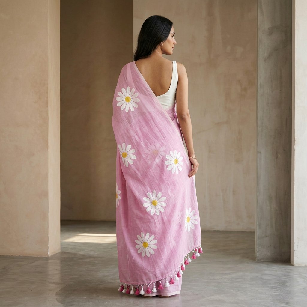 Pink Daisy Linen Cotton Saree