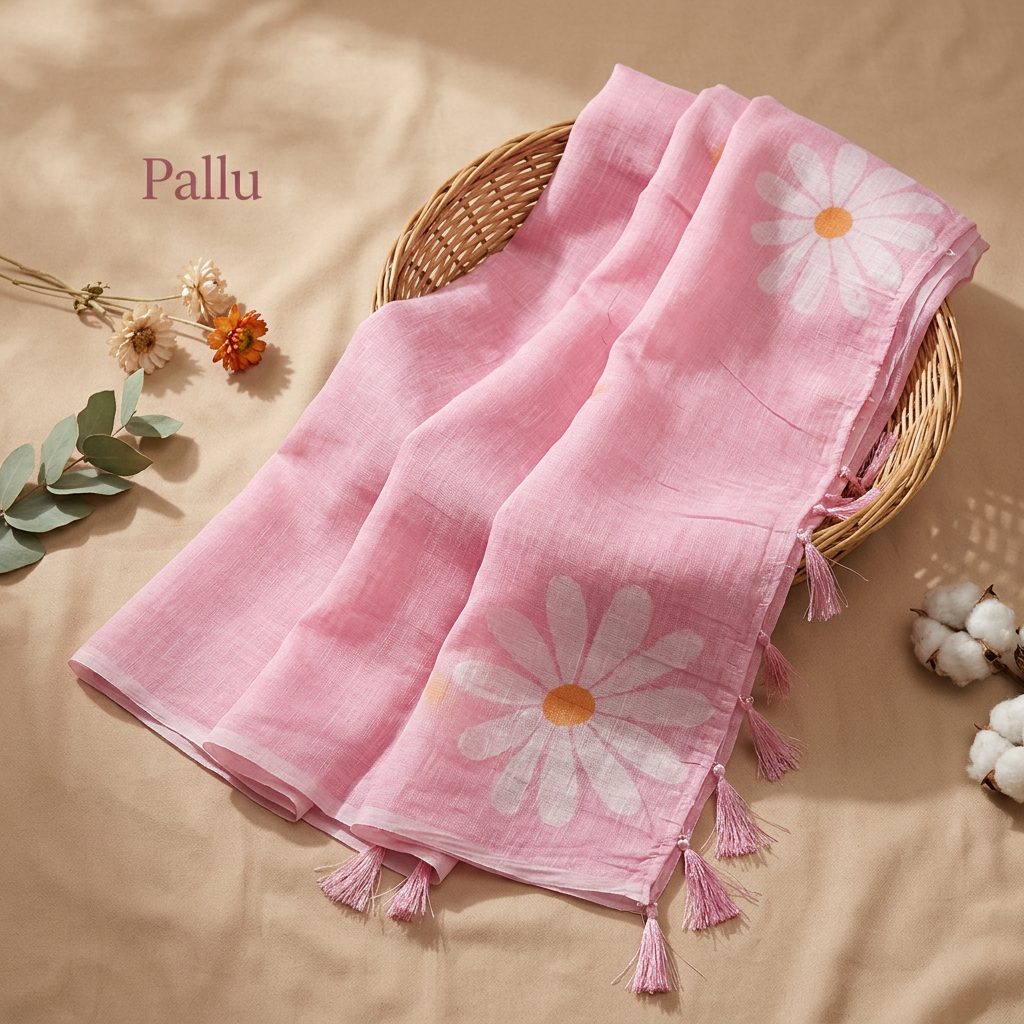 Pink Daisy Linen Cotton Saree