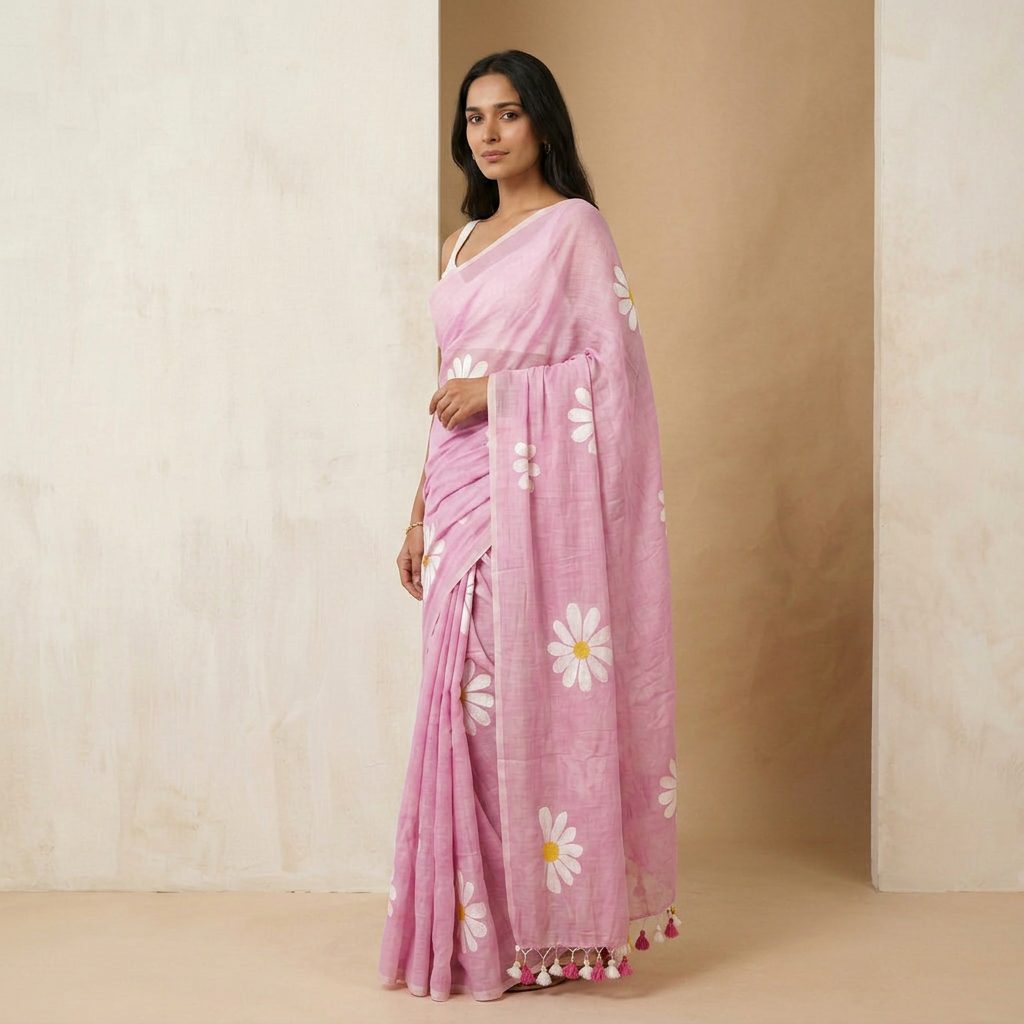 Pink Daisy Linen Cotton Saree