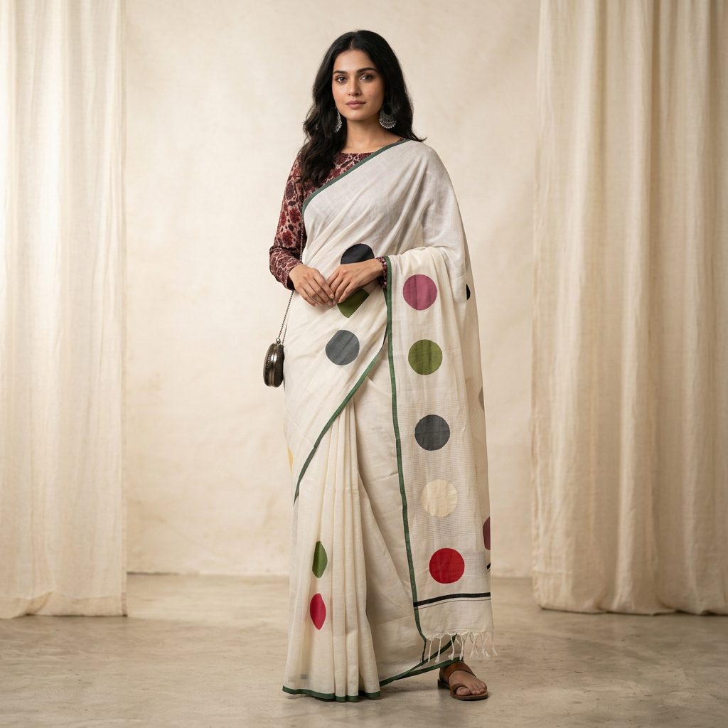 Ivory Multicolour Polka Linen Cotton Saree