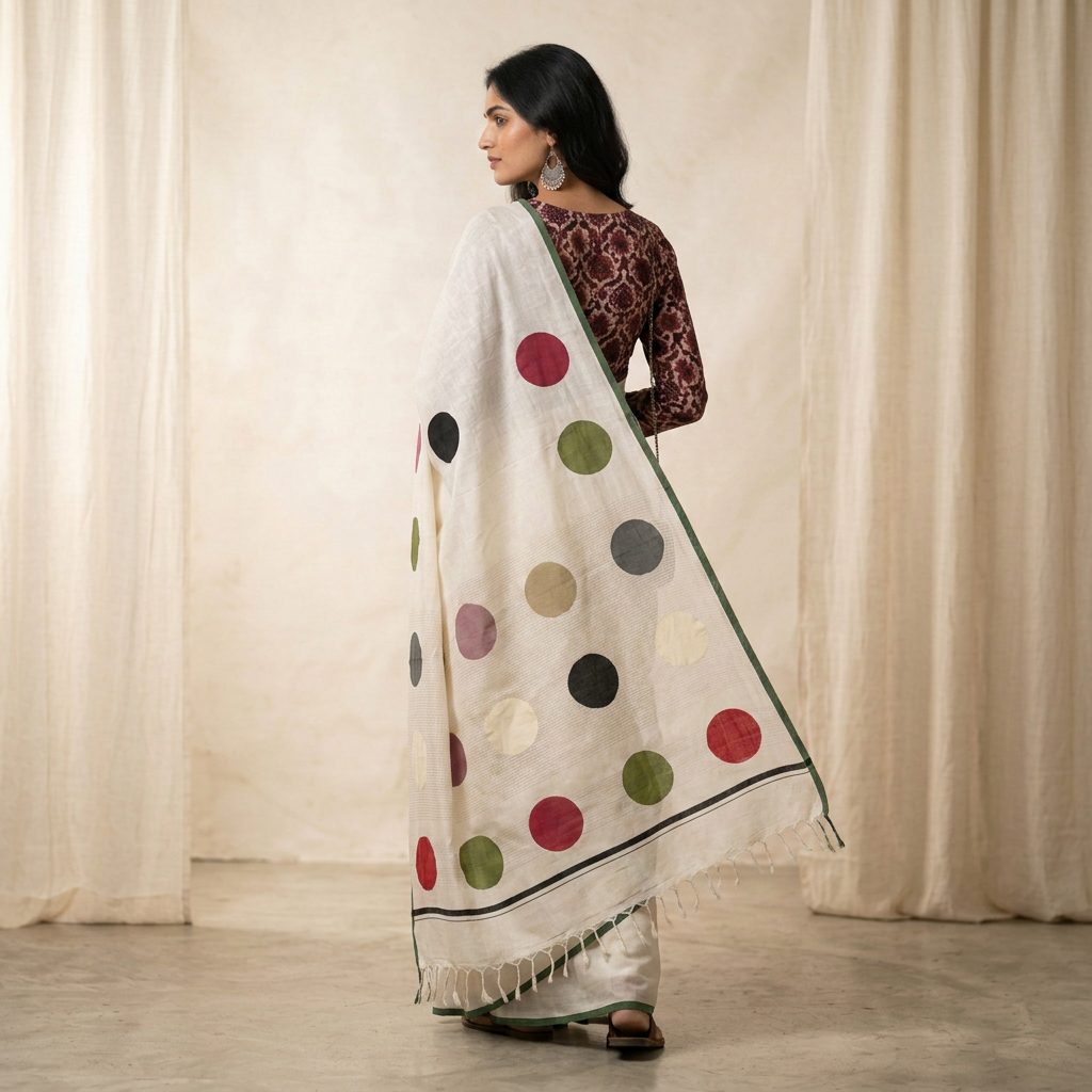 Ivory Multicolour Polka Linen Cotton Saree