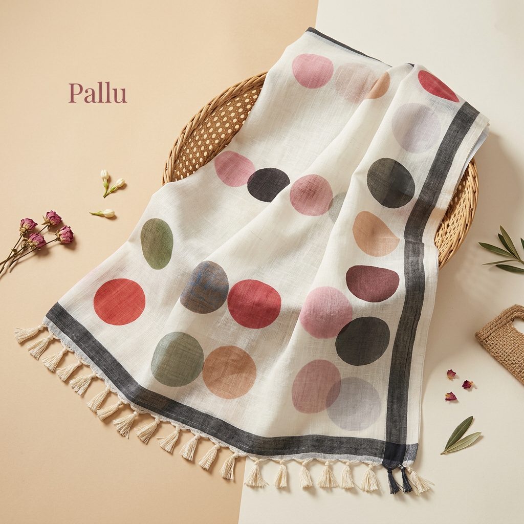 Ivory Multicolour Polka Linen Cotton Saree