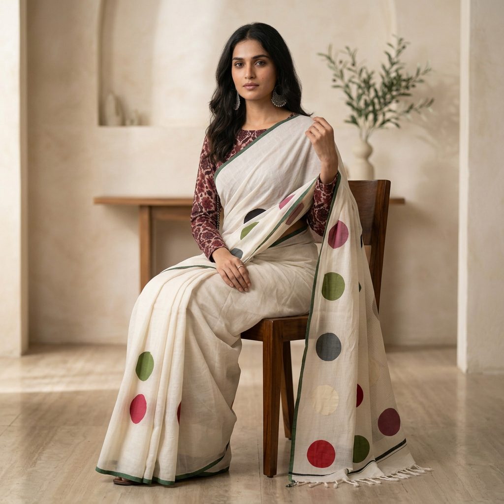 Ivory Multicolour Polka Linen Cotton Saree