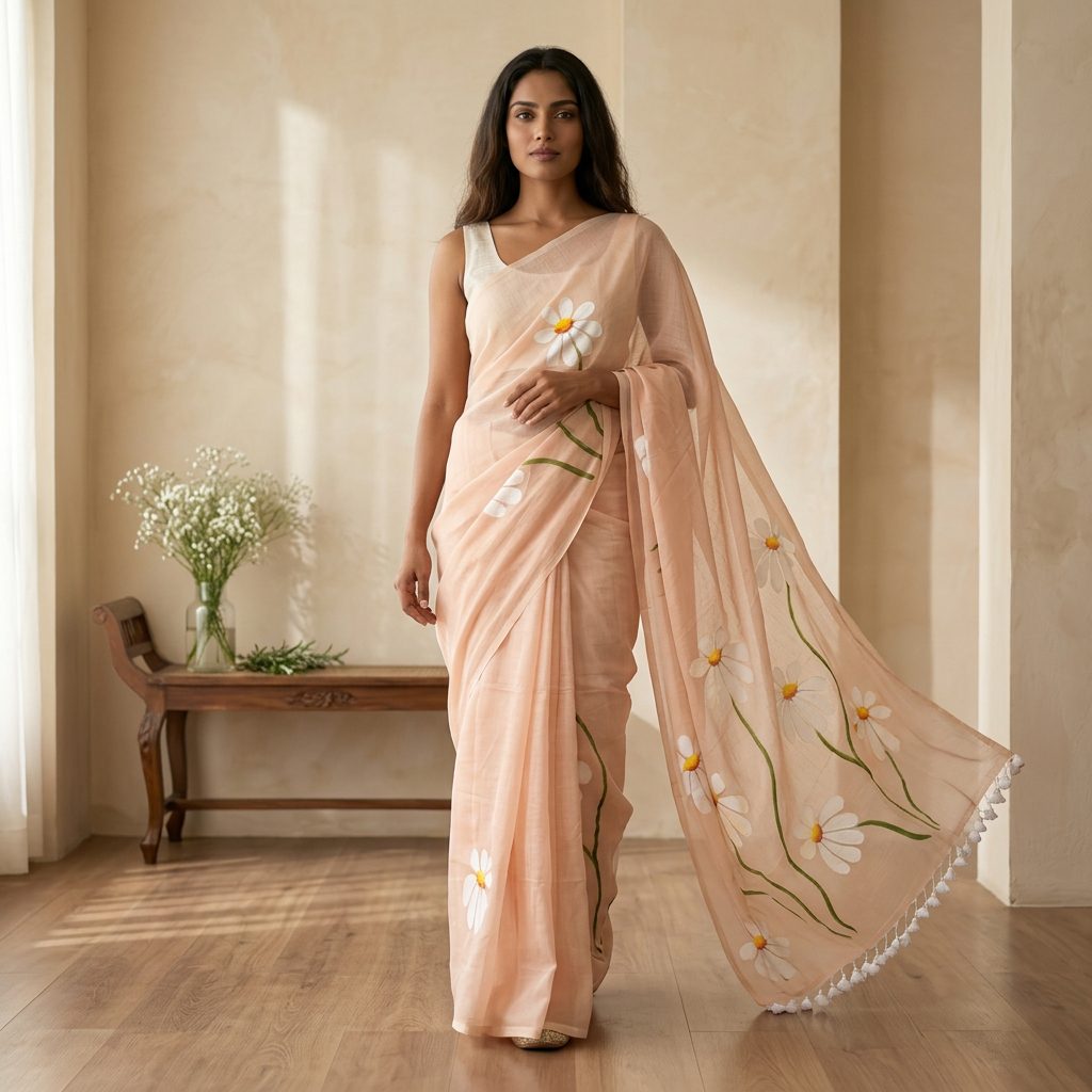 Peach Daisy Linen Cotton Saree