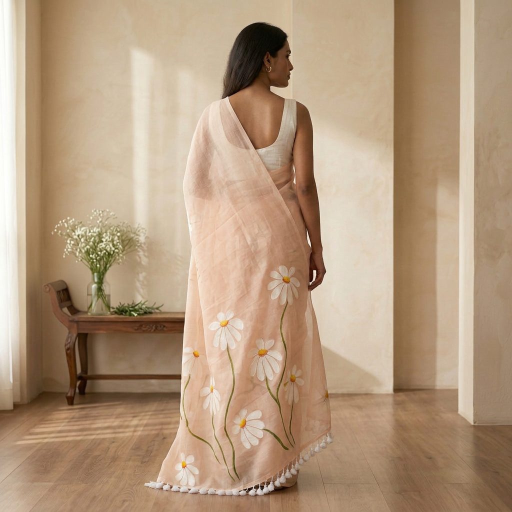 Peach Daisy Linen Cotton Saree