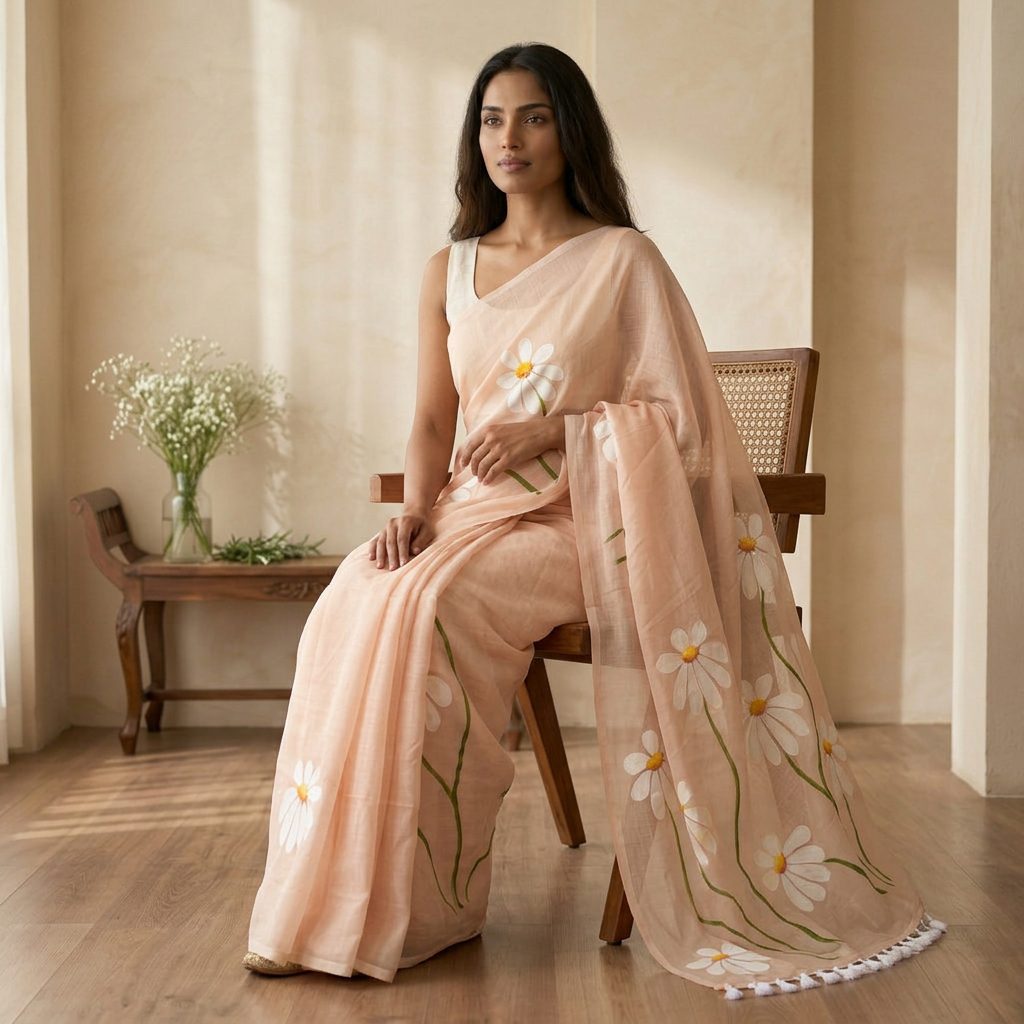 Peach Daisy Linen Cotton Saree