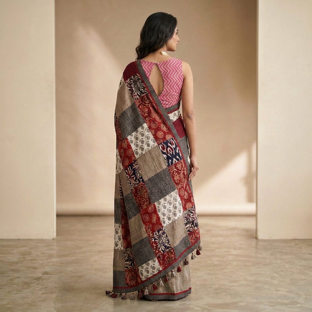 grey Patchwork print Linen Cotton Saree
