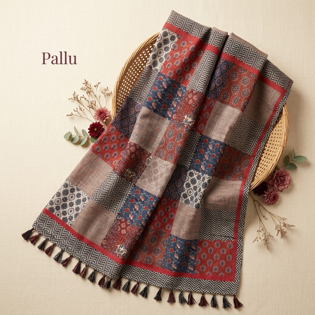 grey Patchwork print Linen Cotton Saree