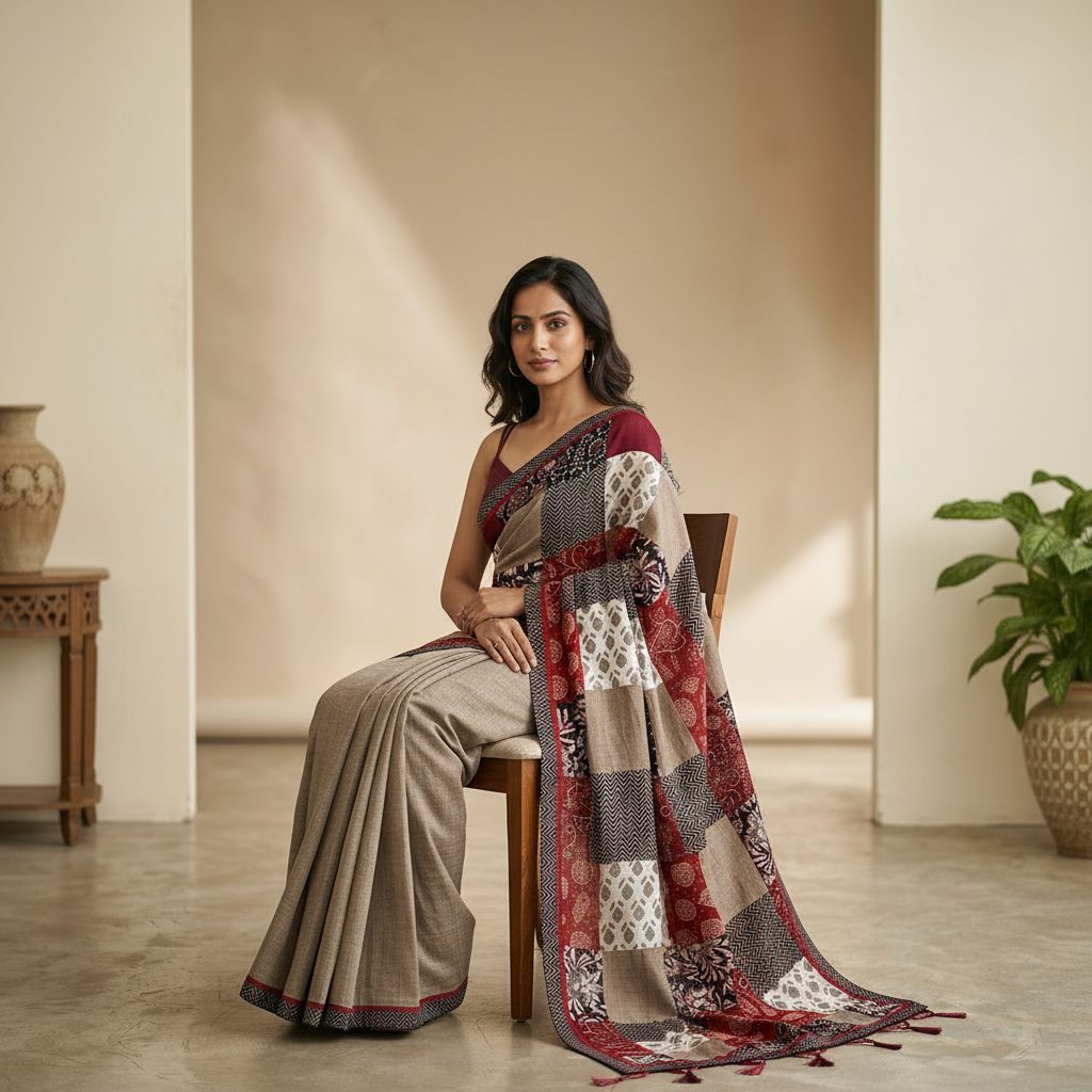 grey Patchwork print Linen Cotton Saree