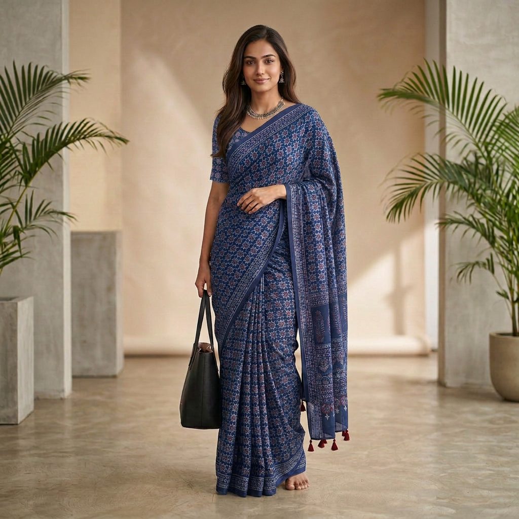 Indigo Floral Linen Cotton Saree
