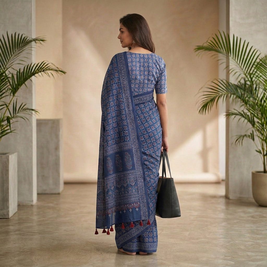 Indigo Floral Linen Cotton Saree