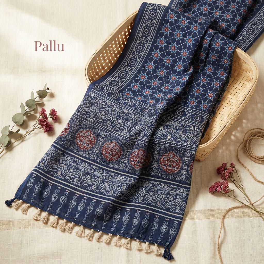 Indigo Floral Linen Cotton Saree