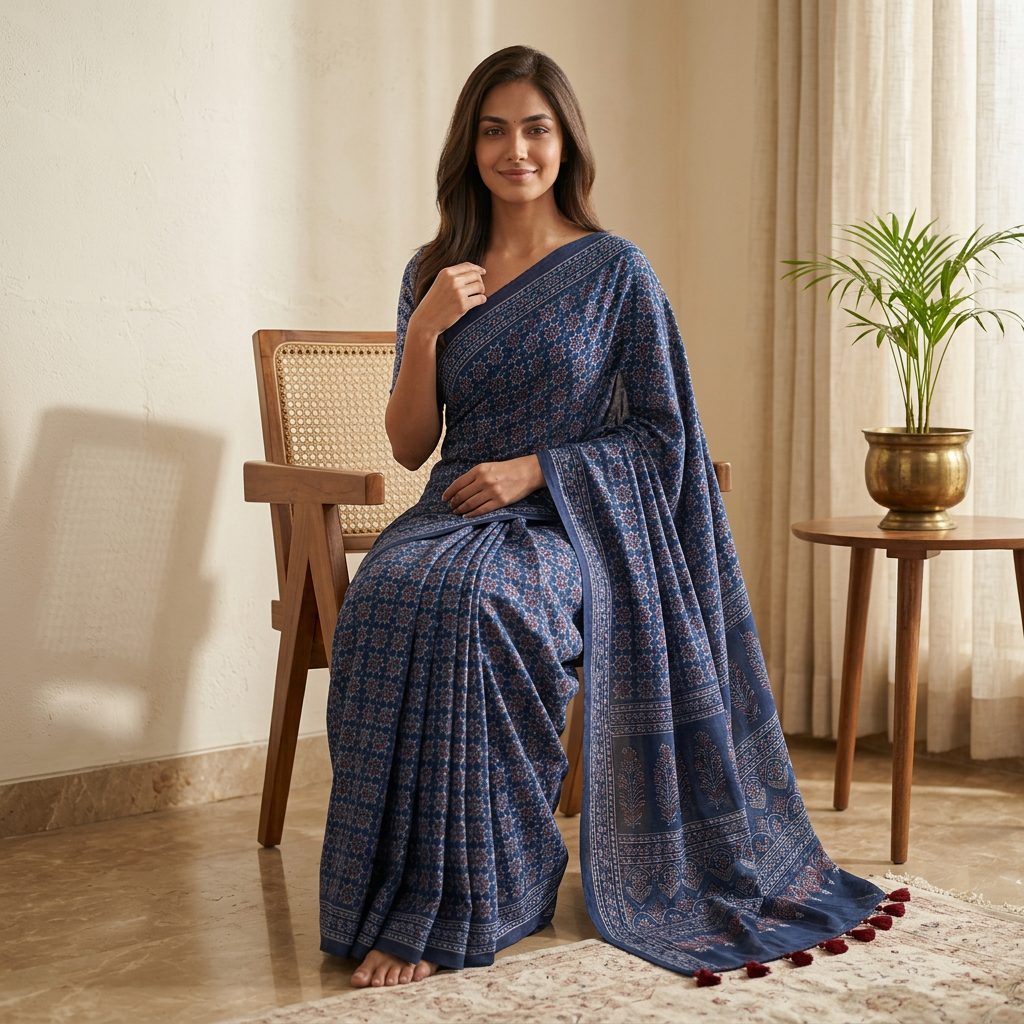 Indigo Floral Linen Cotton Saree