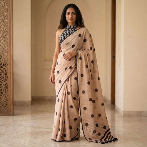 Beige Polka Dot Linen Cotton Saree