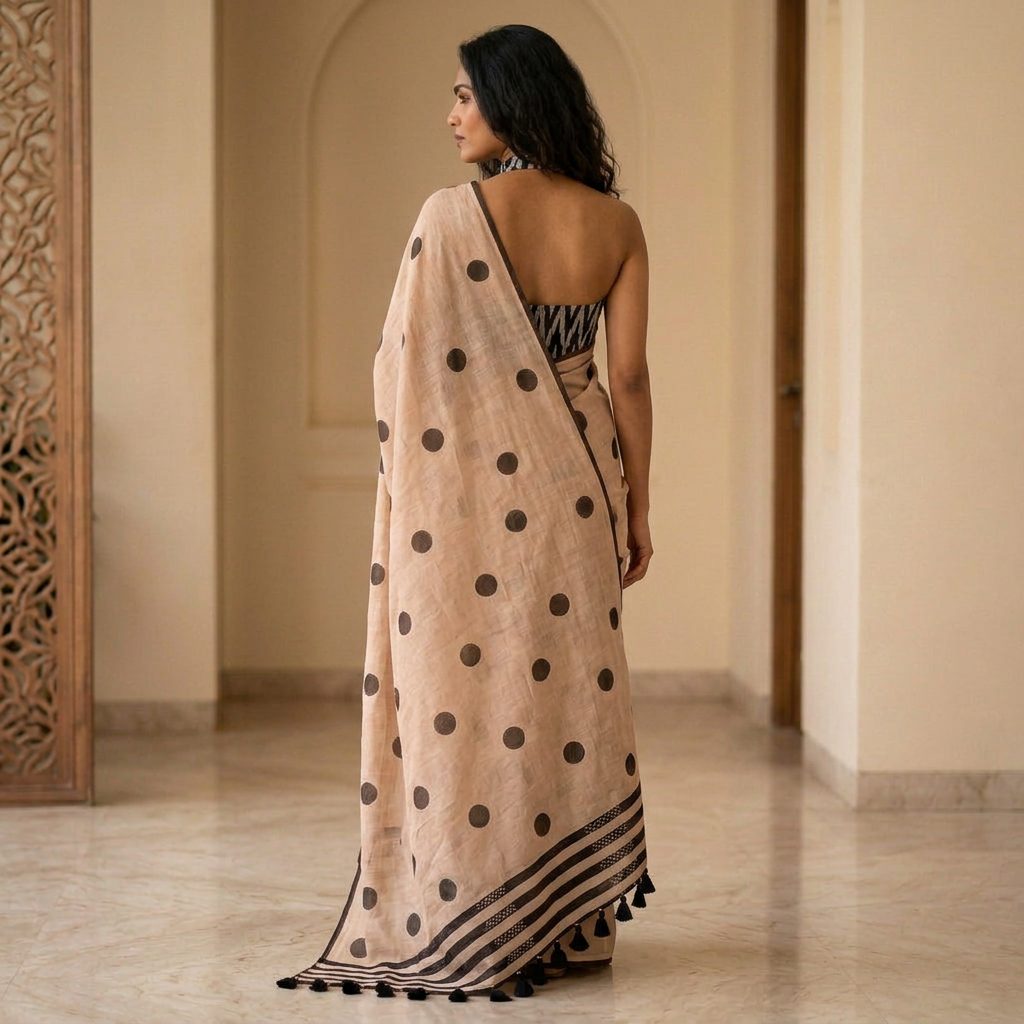 Beige Polka Dot Linen Cotton Saree