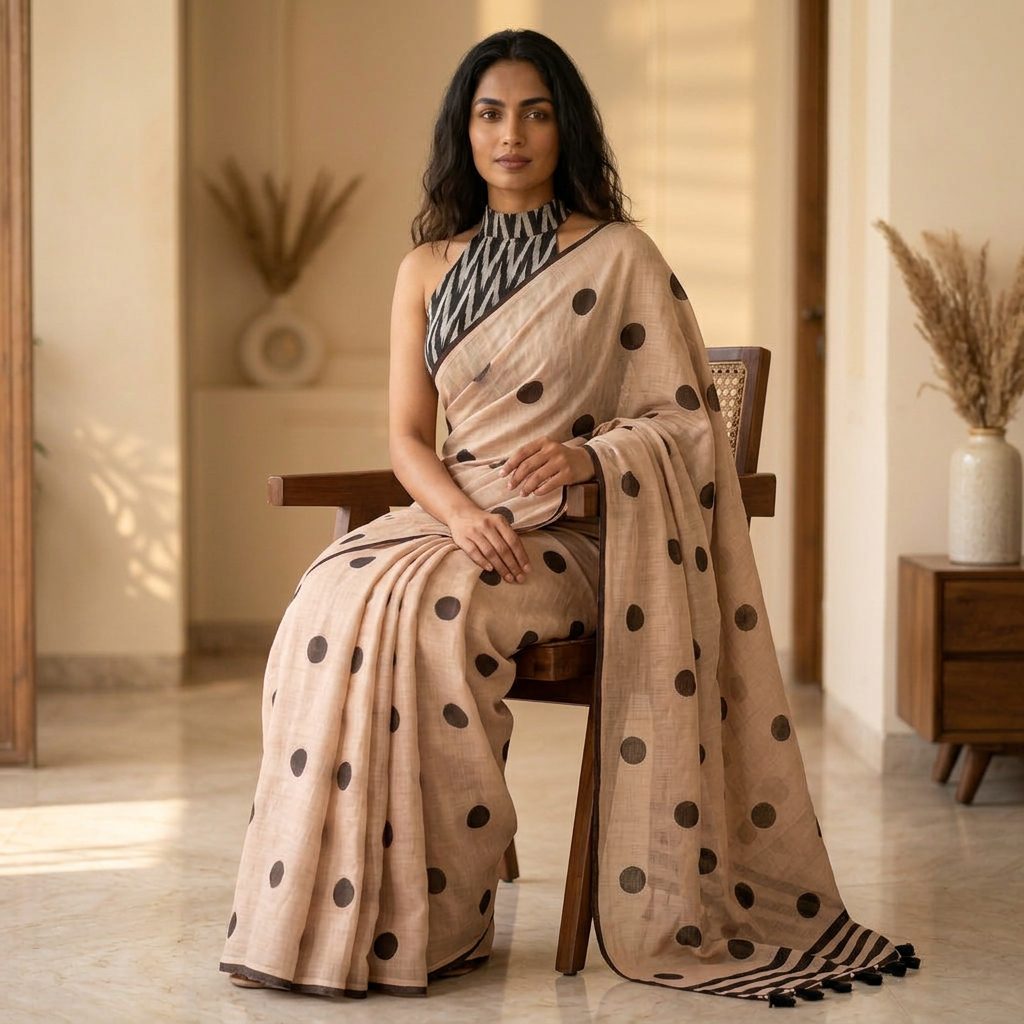 Beige Polka Dot Linen Cotton Saree