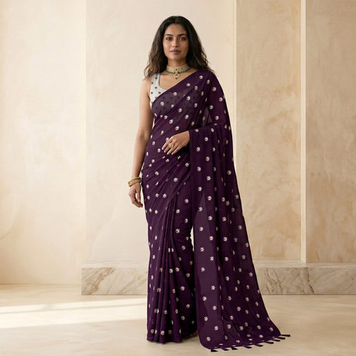 Deep Purple Floral Linen Cotton Saree