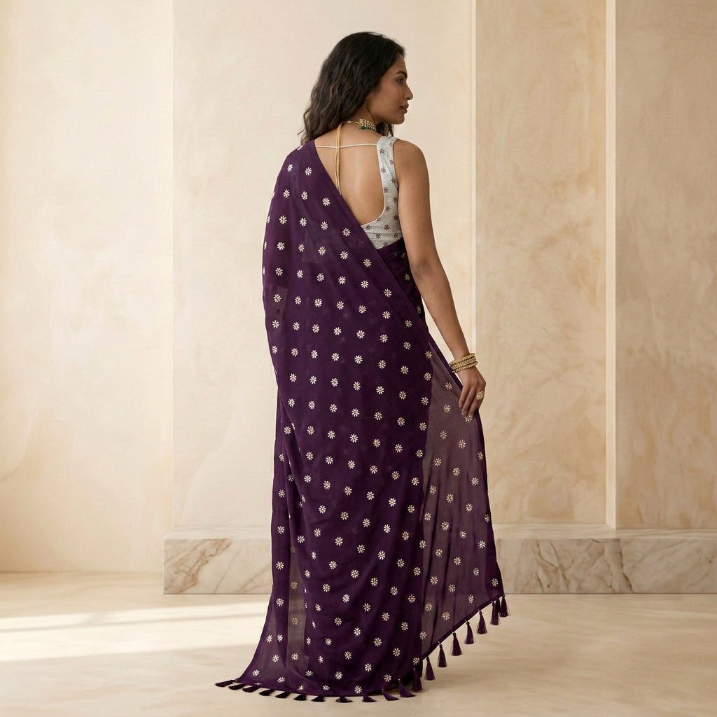 Deep Purple Floral Linen Cotton Saree