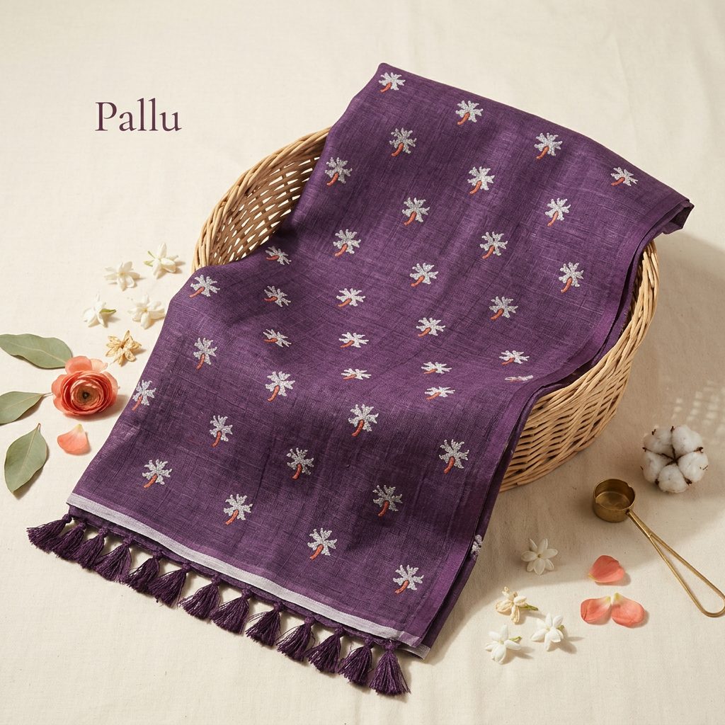 Deep Purple Floral Linen Cotton Saree