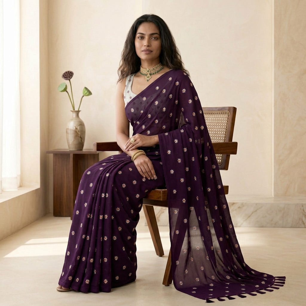 Deep Purple Floral Linen Cotton Saree