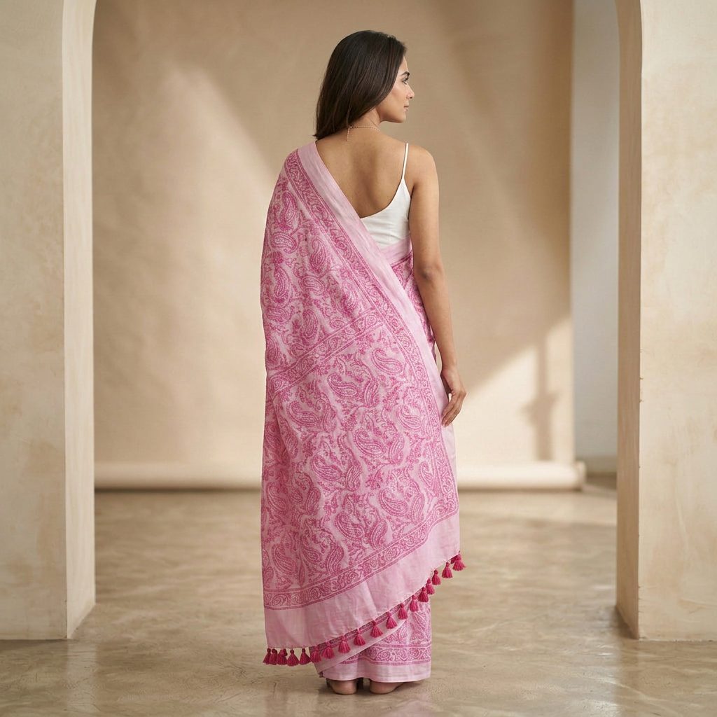 Pink Paisley Linen Cotton Saree