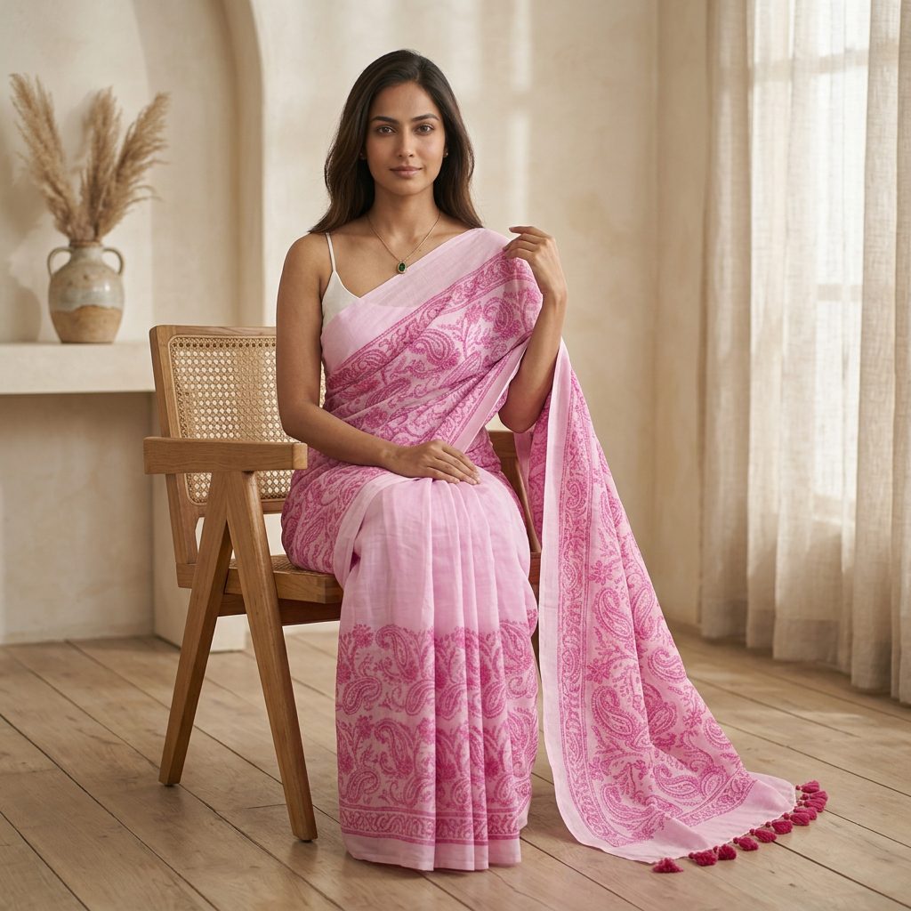 Pink Paisley Linen Cotton Saree