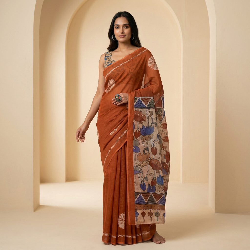 Rust Orange Kalamkari-Inspired Linen Cotton Saree