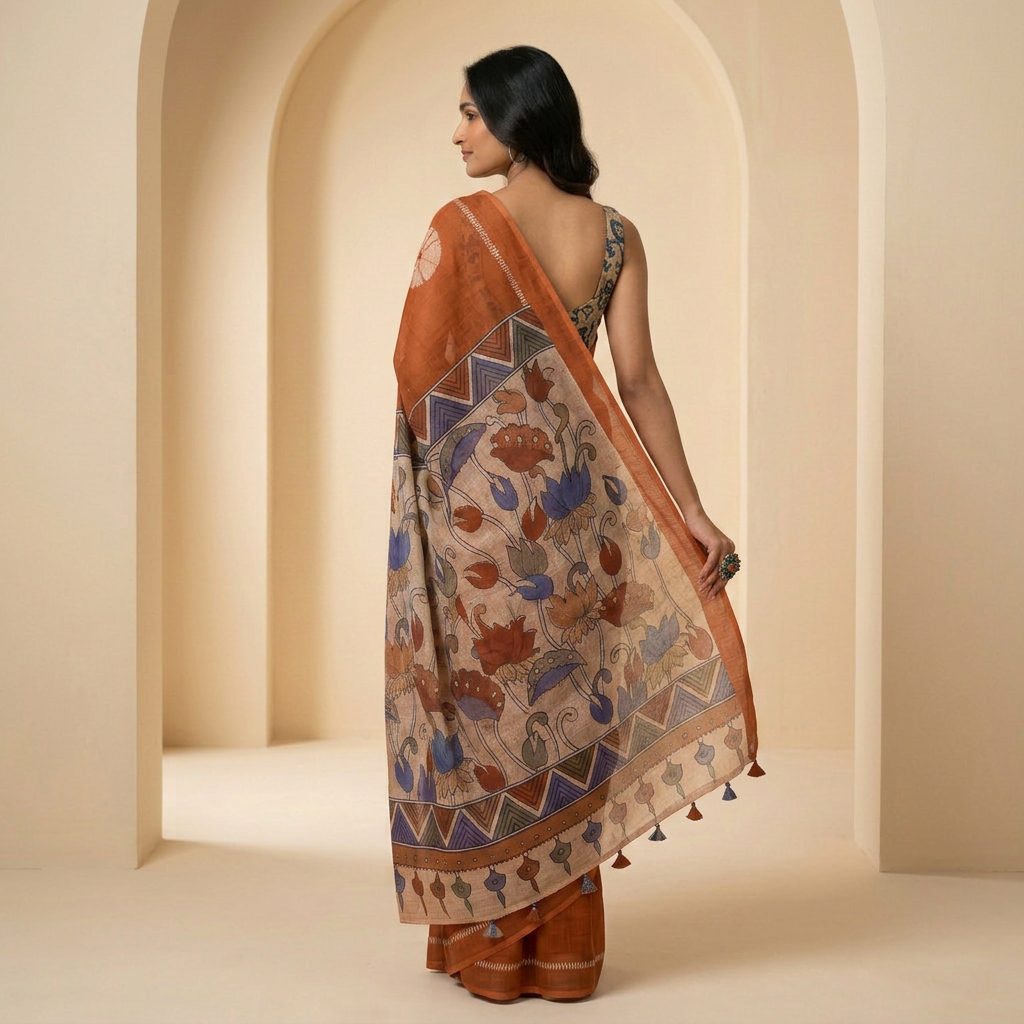 Rust Orange Kalamkari-Inspired Linen Cotton Saree