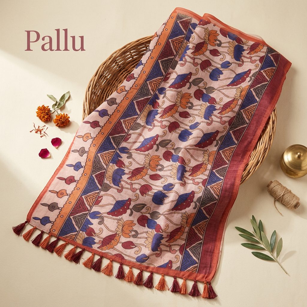 Rust Orange Kalamkari-Inspired Linen Cotton Saree