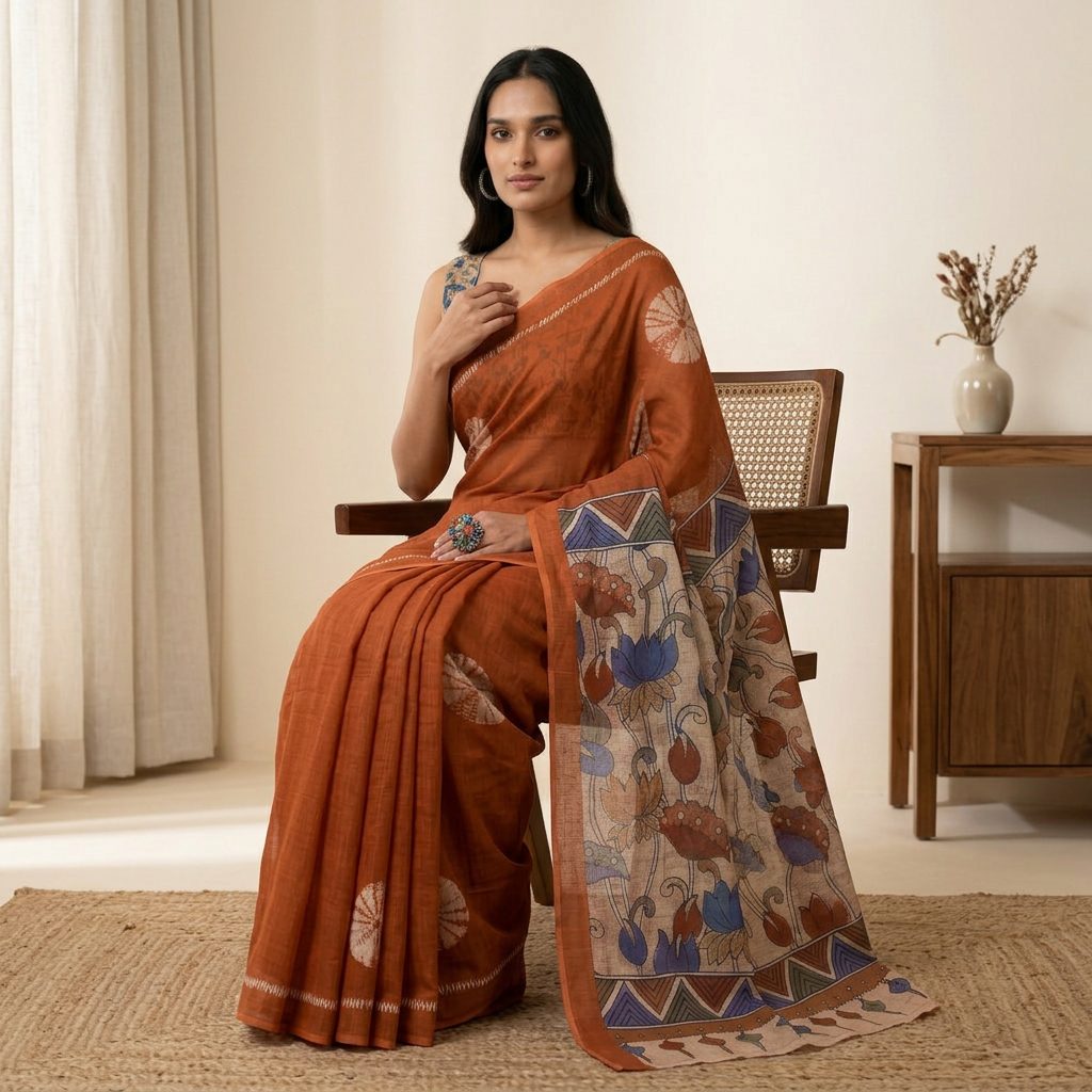 Rust Orange Kalamkari-Inspired Linen Cotton Saree