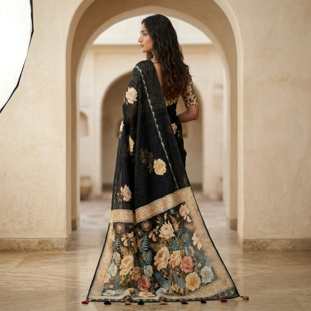Black Floral Linen Cotton Saree