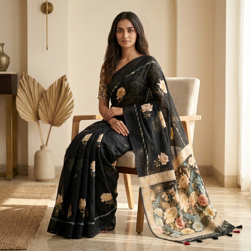 Black Floral Linen Cotton Saree