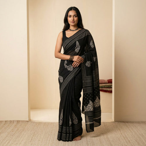 Black Ajrakh-Inspired Linen Cotton Saree