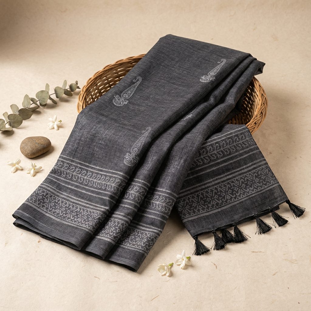 Black Ajrakh-Inspired Linen Cotton Saree