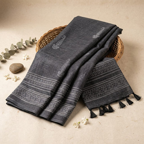 Black Ajrakh-Inspired Linen Cotton Saree