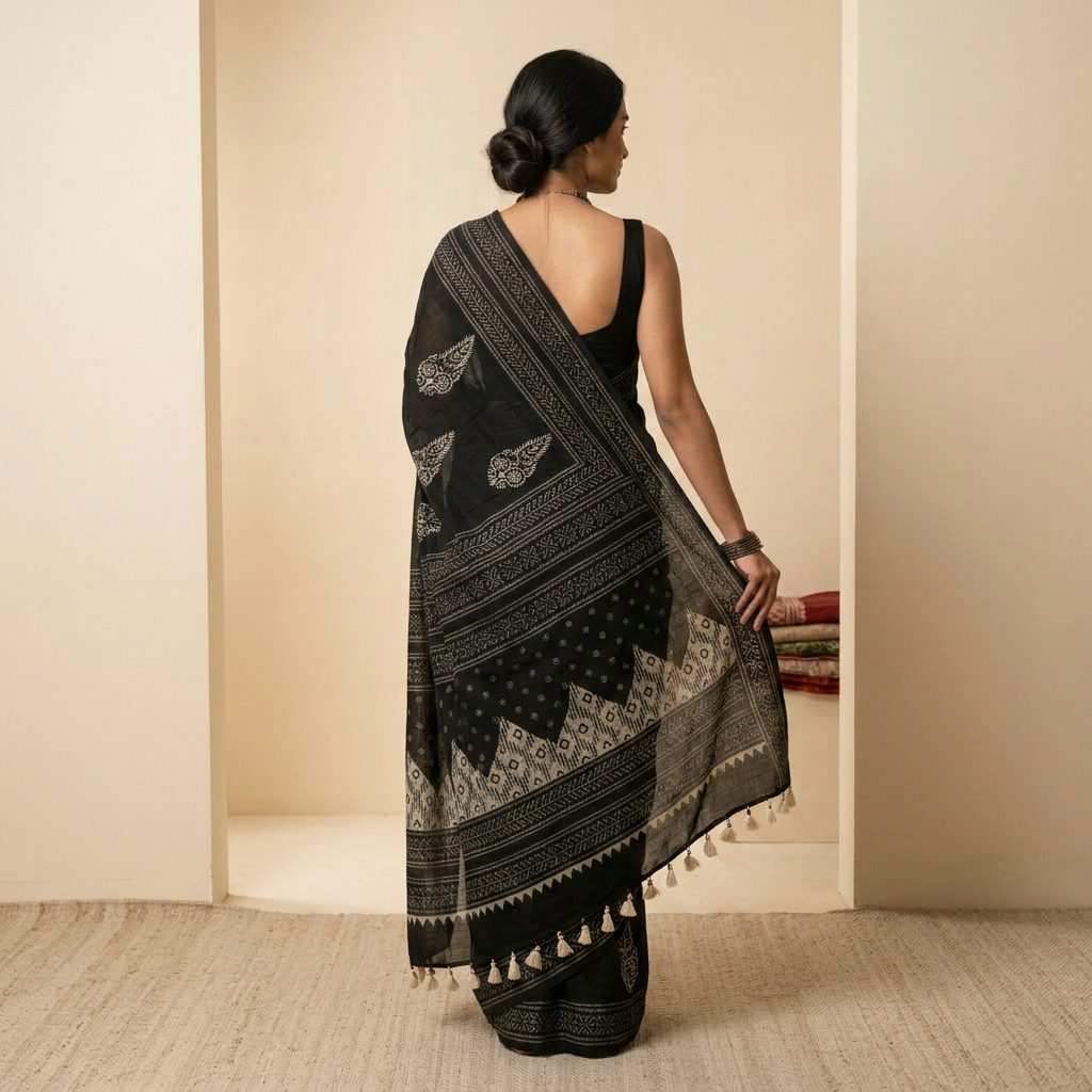 Black Ajrakh-Inspired Linen Cotton Saree