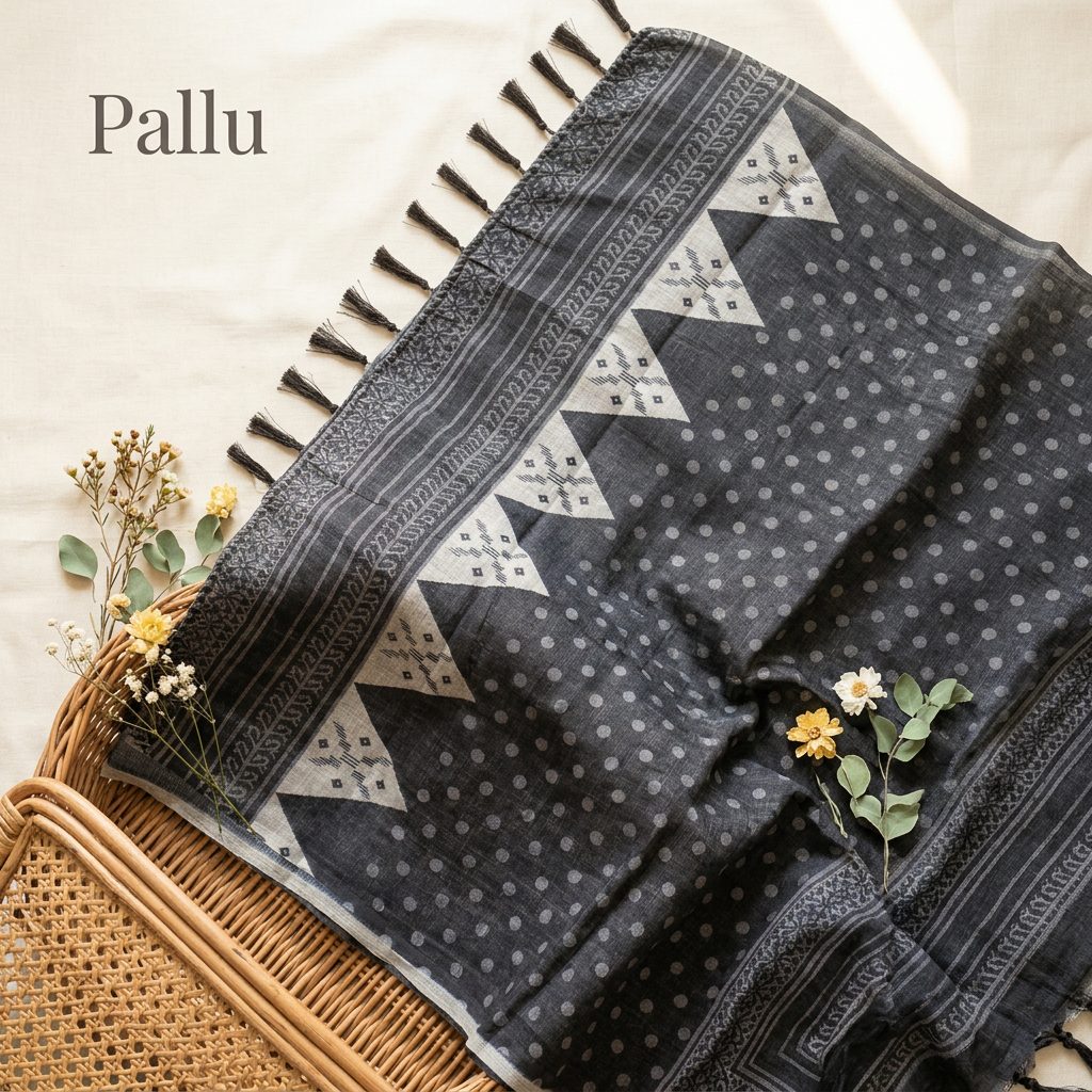 Black Ajrakh-Inspired Linen Cotton Saree