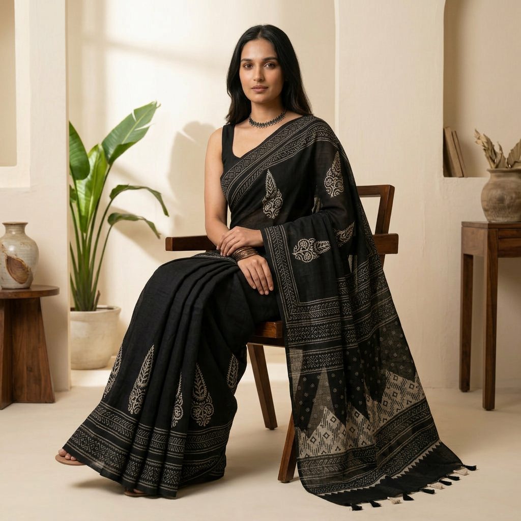Black Ajrakh-Inspired Linen Cotton Saree