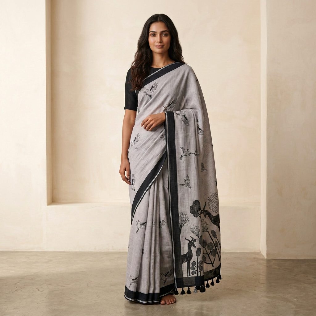 Grey Bird & Nature Linen Cotton Saree