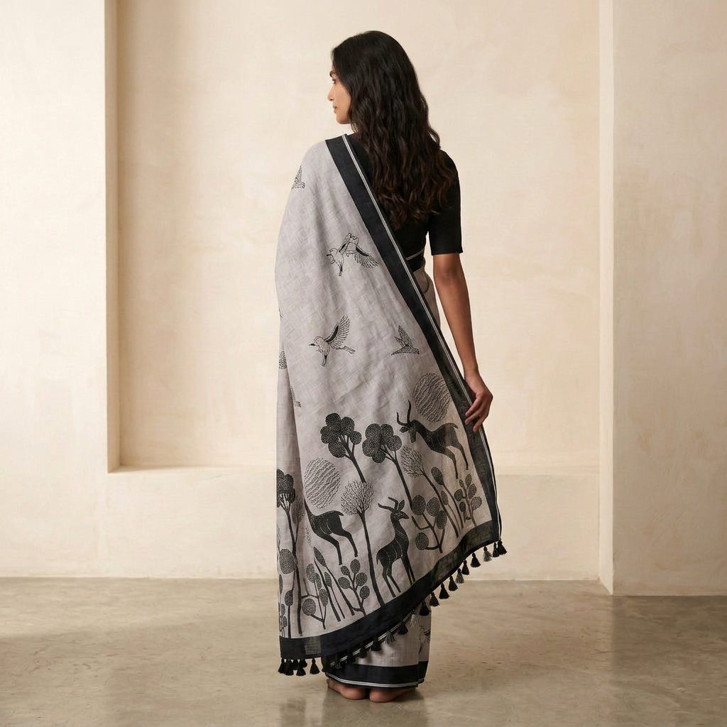 Grey Bird & Nature Linen Cotton Saree