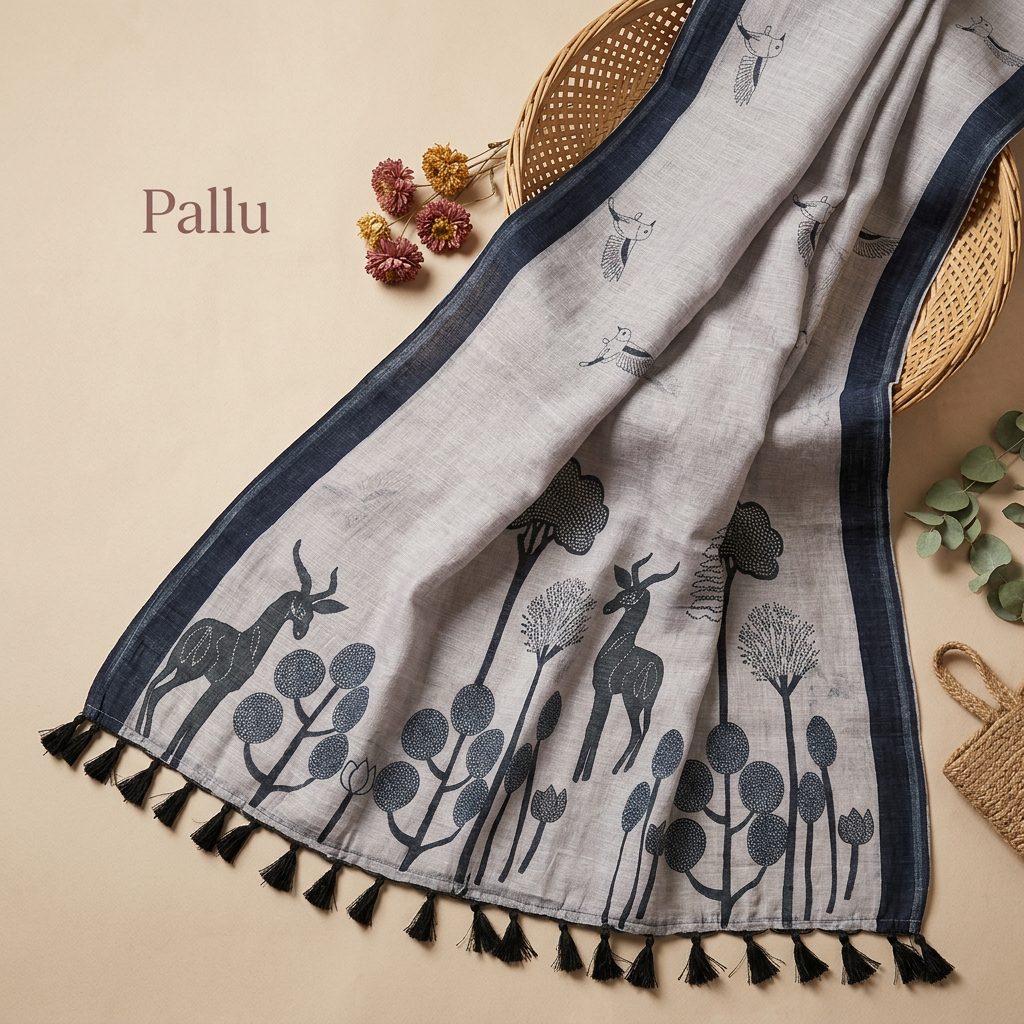 Grey Bird & Nature Linen Cotton Saree