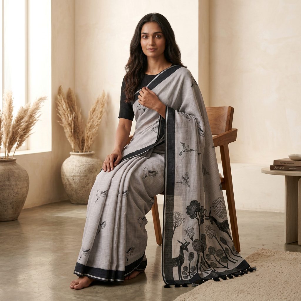 Grey Bird & Nature Linen Cotton Saree