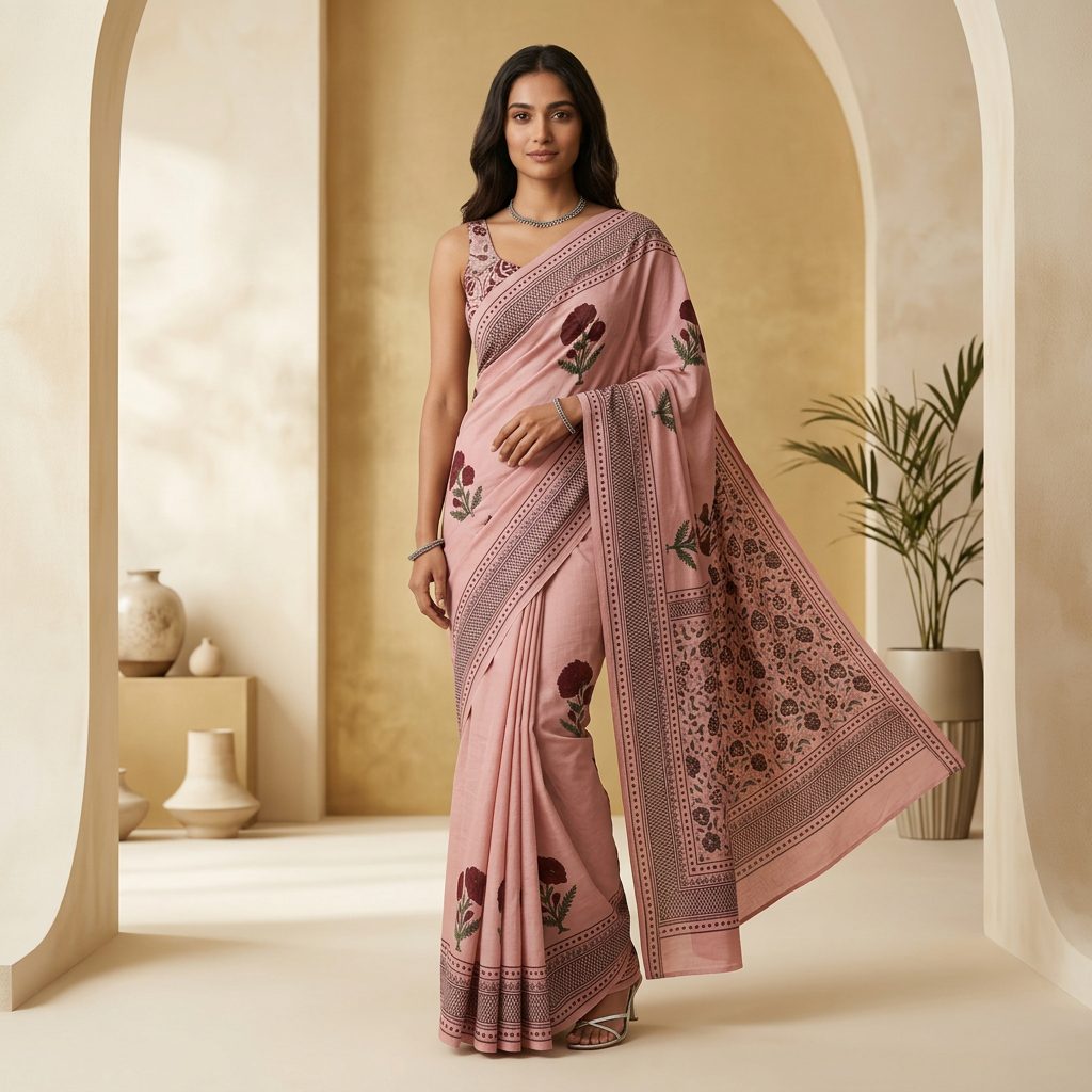 Dusty Rose Floral Linen Cotton Saree