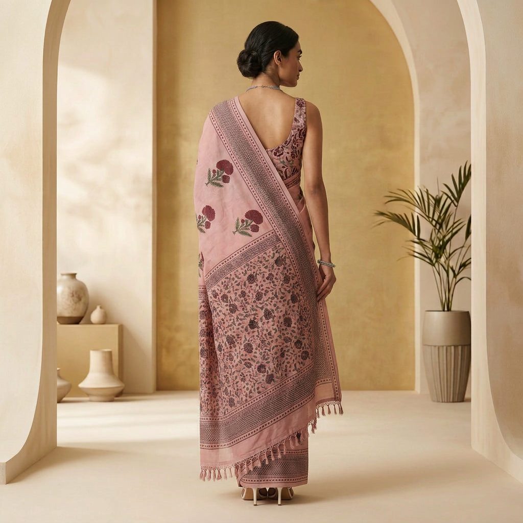 Dusty Rose Floral Linen Cotton Saree
